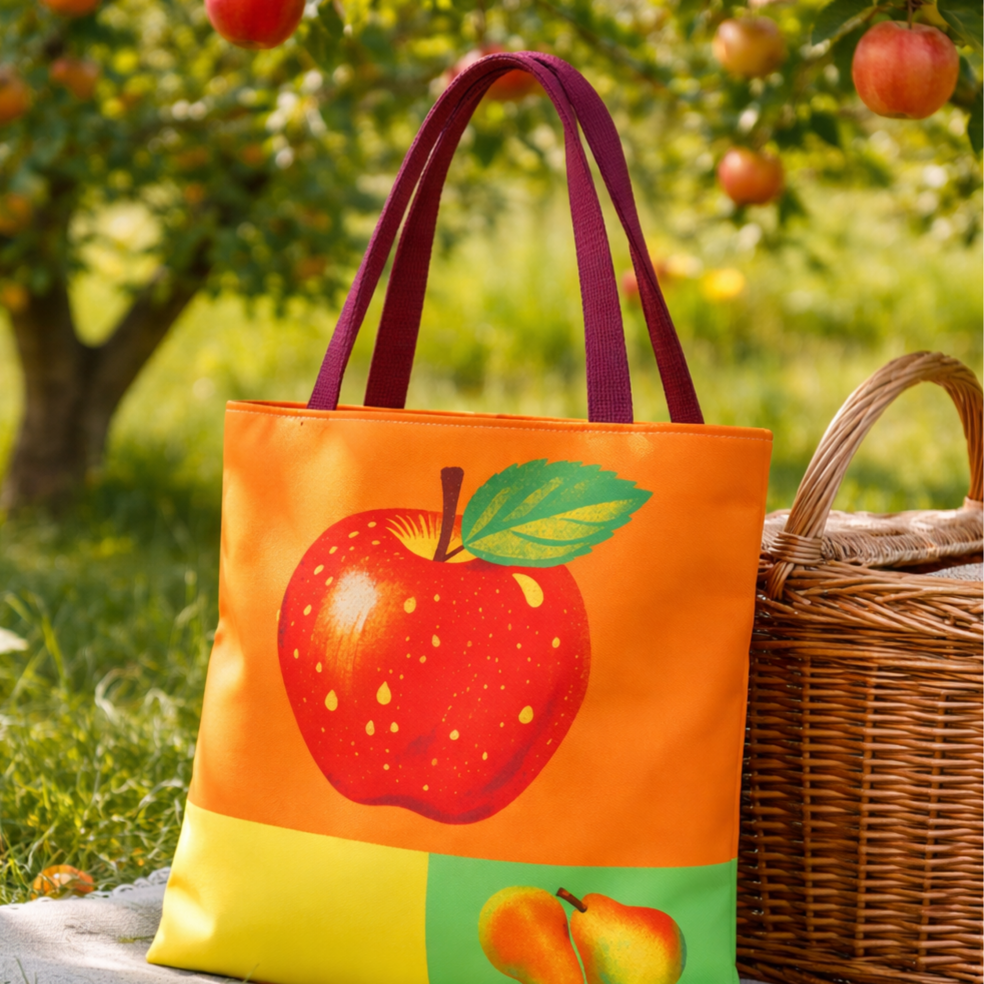 tote bag with an apple and pear colour blocked design with a background of an orchard
