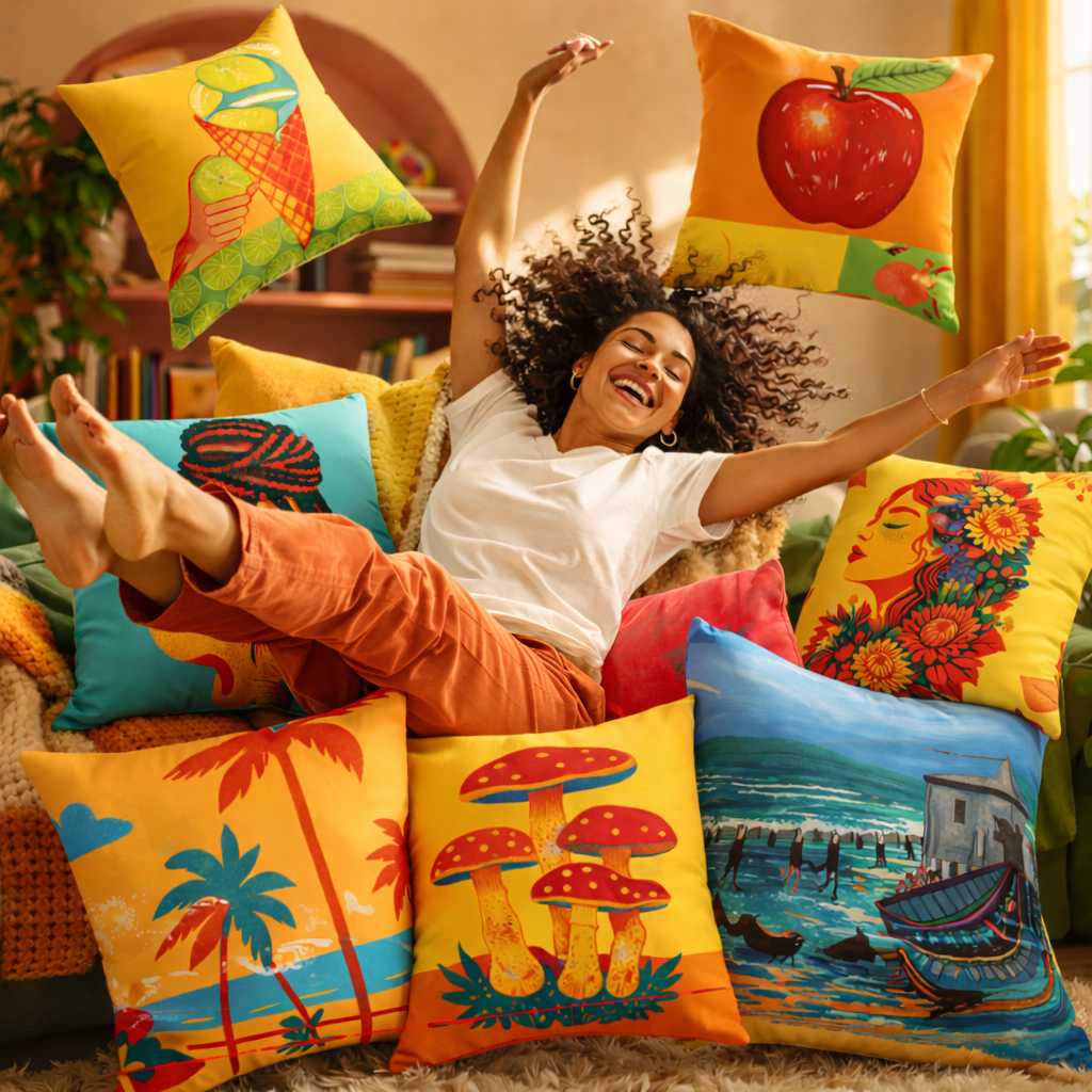 woman with dark hair and white tshirt falling onto a sofa which has lots of colourful cushions on it