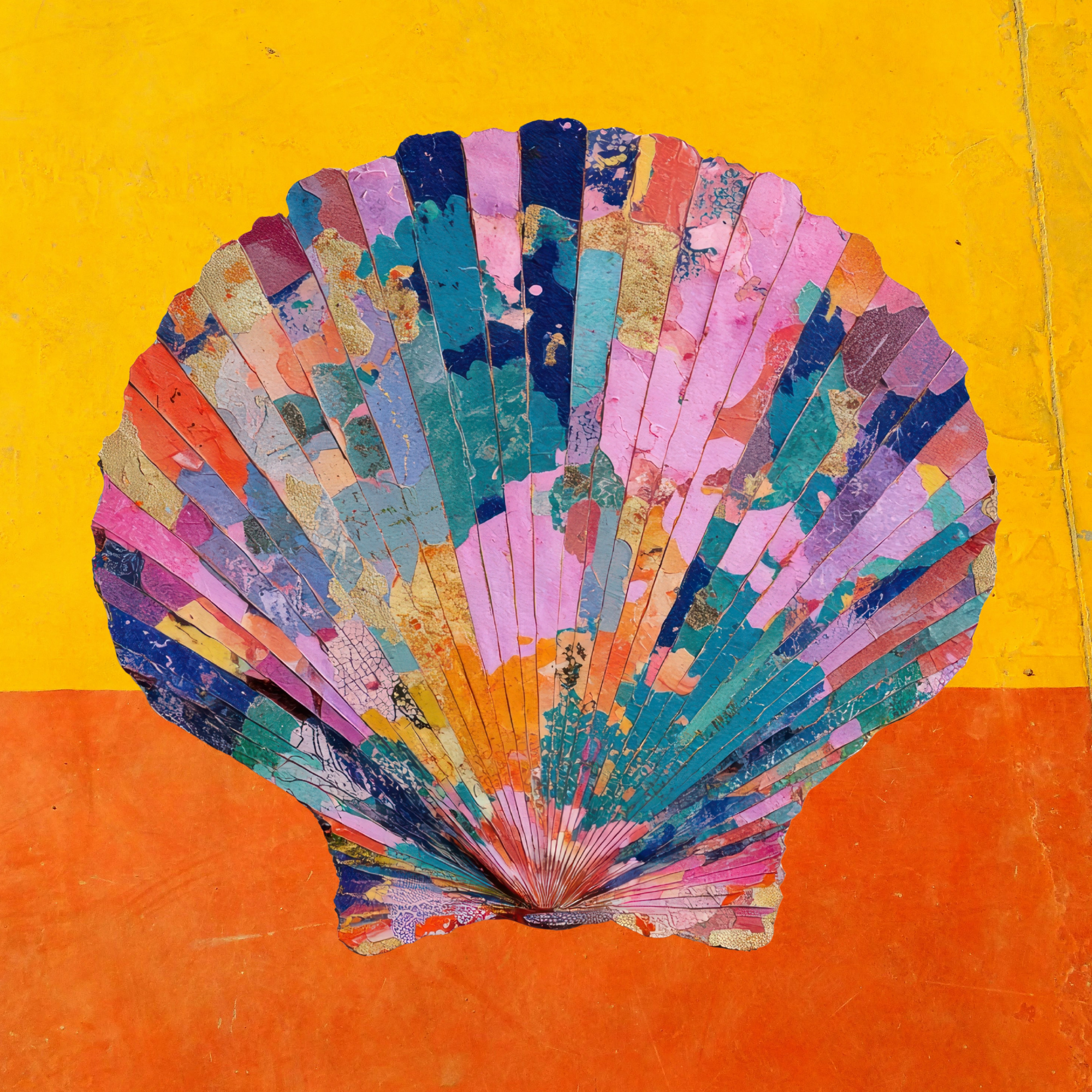 colourful seashell on a yellow and orange background