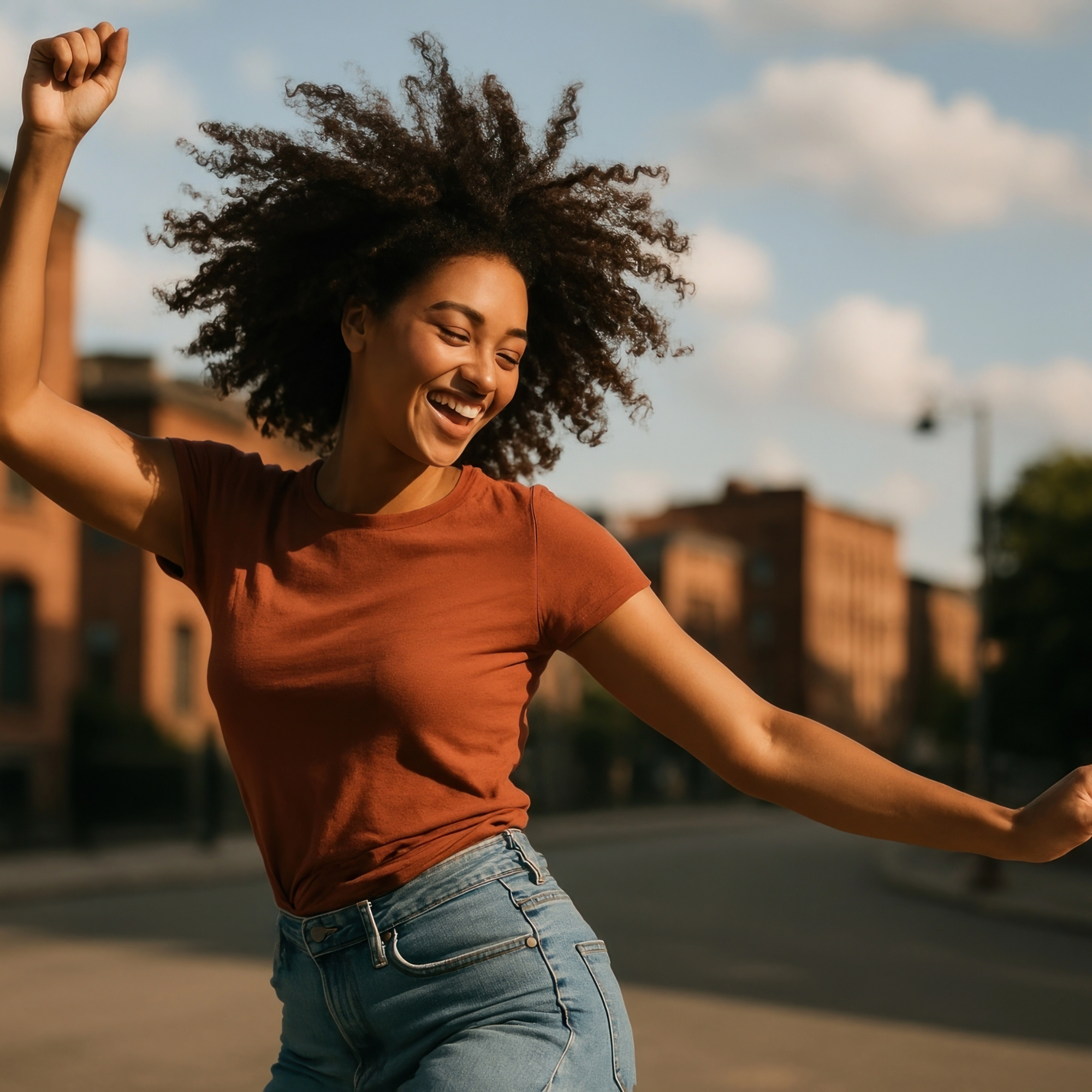 joyful woman with dark hair and orange tshirt dancing in the street