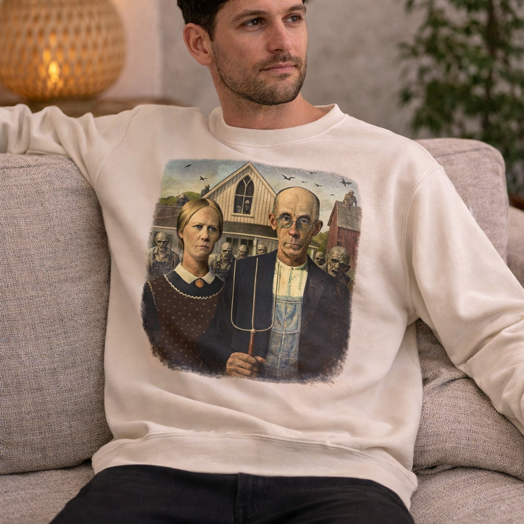 man sitting on a sofa wearing a cream colour sweatshirt with a reimagined image of American Gothic by Grant Wood
