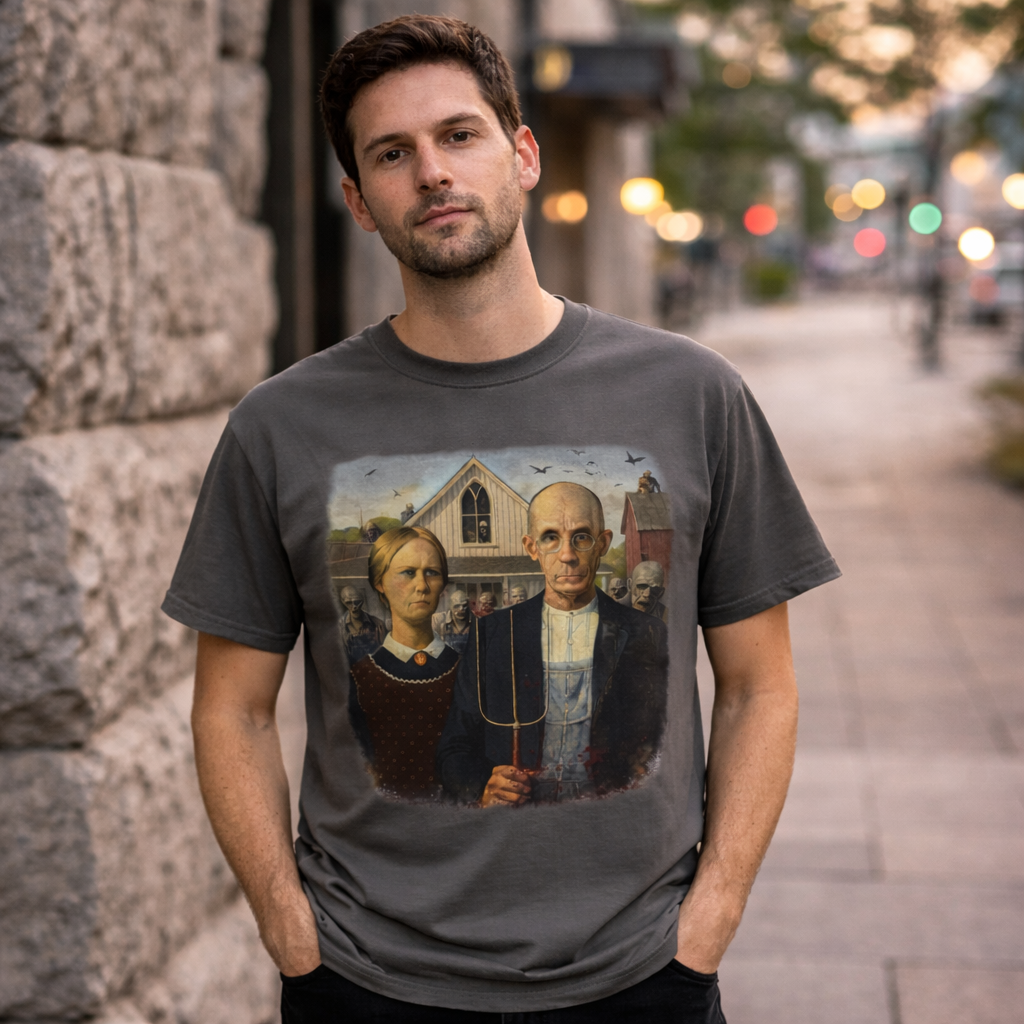 man wearing a dark t-shirt with a reimagined image of the American Gothic painting