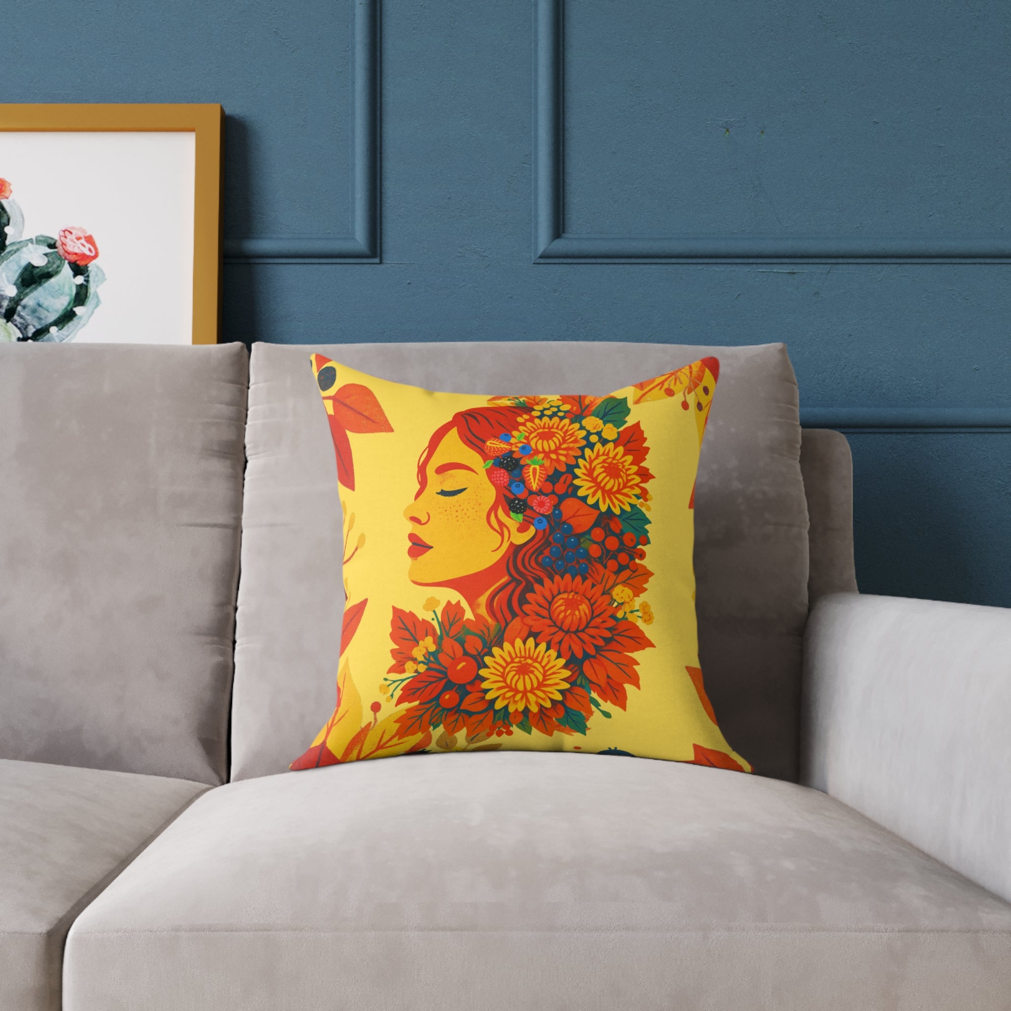 Colorful pillow with woman's face floral design on a gray sofa against a blue wall.
