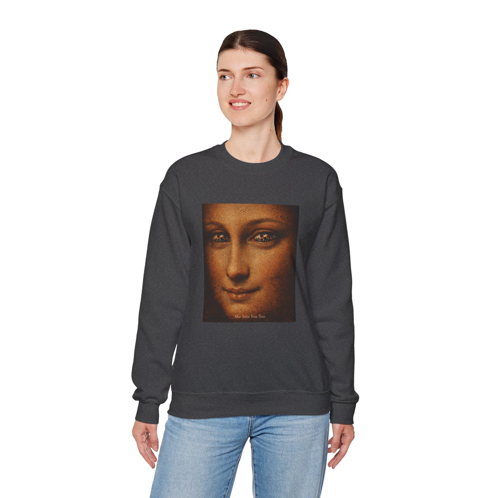 woman wearing a Heather sweatshirt showing a reimagined image of Da Vinci's Mona Lisa on a white background