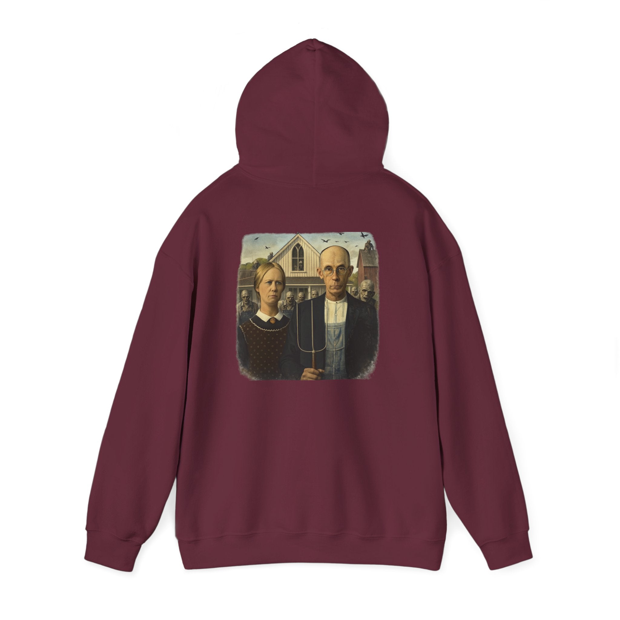 Maroon hoodie with a graphic of a  reimagined American Gothic by Grant Wood on the back, displayed on a white background.