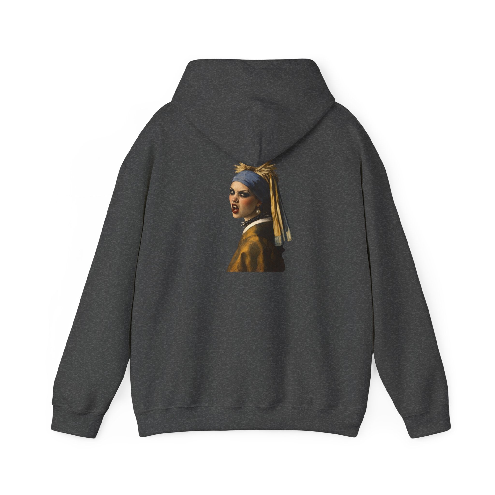 Grey hoodie with a graphic of a reimagined Vermeer girl with a pearl earring on the back, displayed on a white background