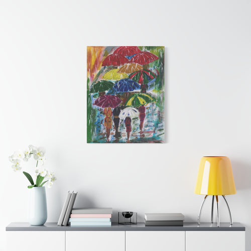 Colorful painting of people with umbrellas on a wall above a shelf with decor items.