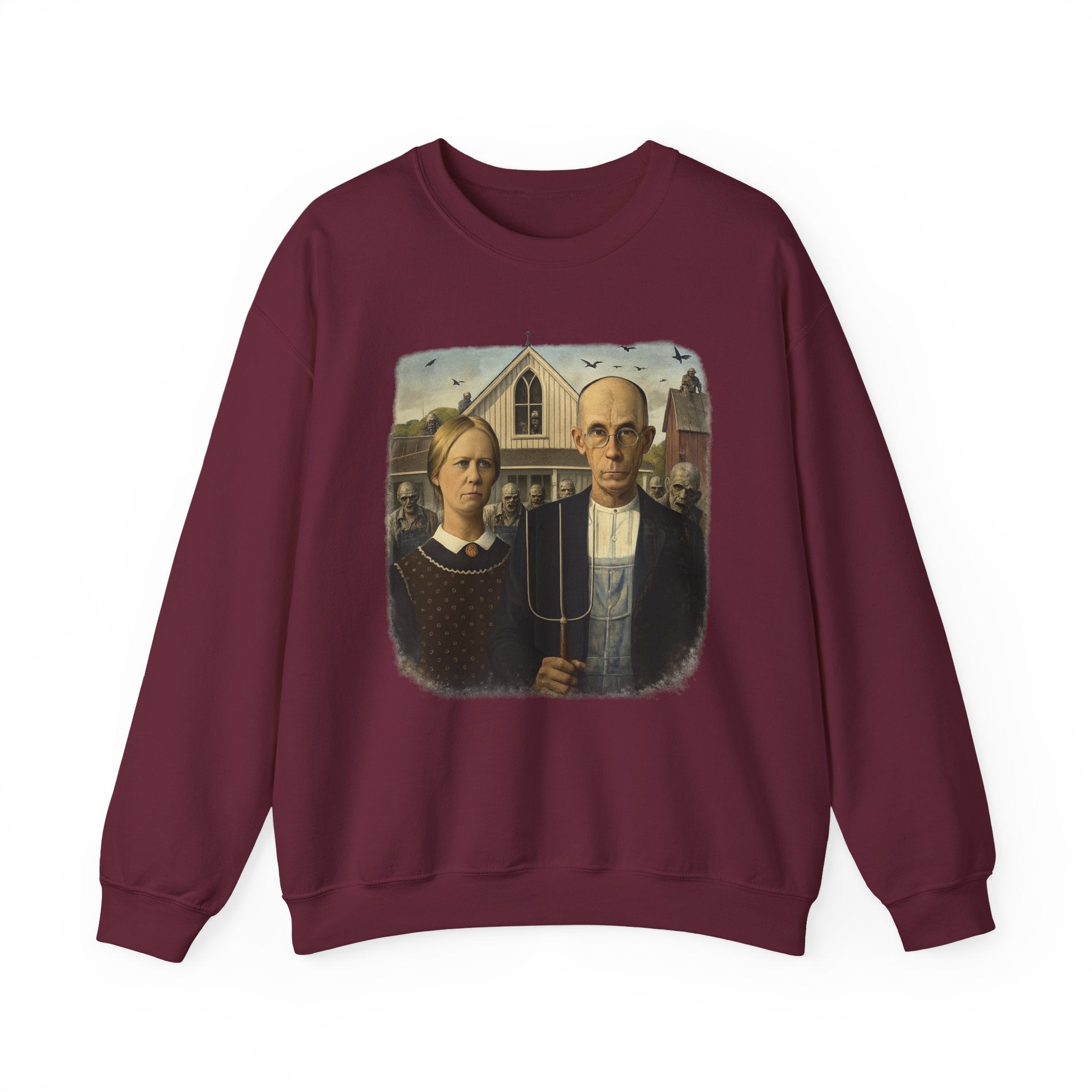 Maroon sweatshirt  with a reimagined image of American Gothic by Grant Wood on a white background