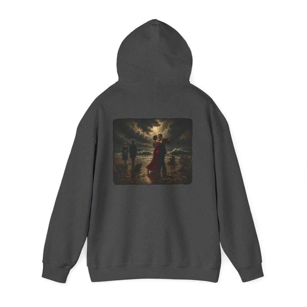 Back view of Dark Heather hoodie with a graphic of a Vettriano inspired Singing Butler print on the back on a white background