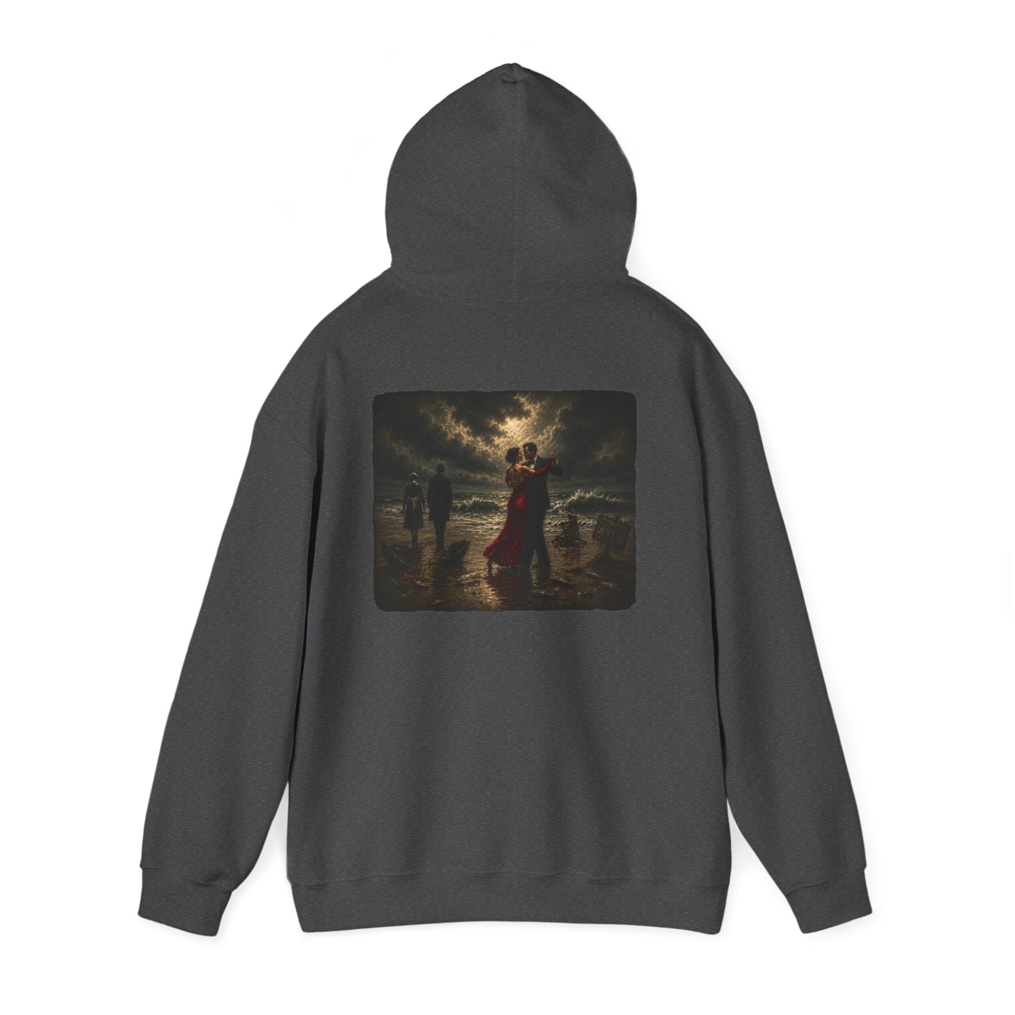 Back view of Dark Heather hoodie with a graphic of a Vettriano inspired Singing Butler print on the back on a white background