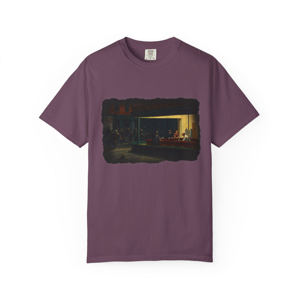 Berry colour tshirt with graphic image inspired by Edward Hopper's Nighthawks on a white background