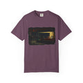 Berry colour tshirt with graphic image inspired by Edward Hopper's Nighthawks on a white background