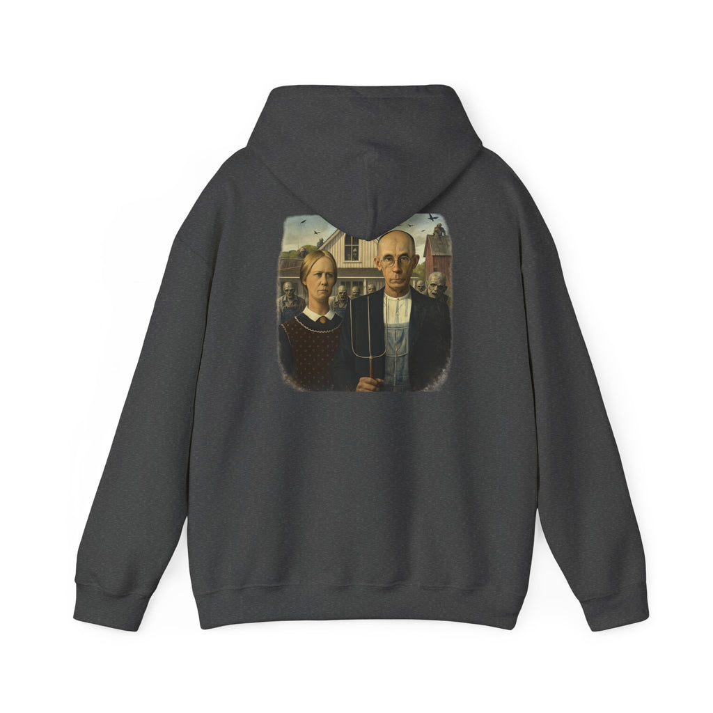 Heather hoodie with a graphic of a  reimagined American Gothic by Grant Wood on the back, displayed on a white background.