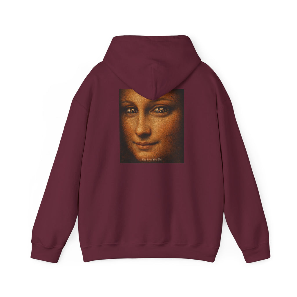Back view of maroon hoodie showing a reimagined graphic of Da Vinci's Mona Lisa on a white background 
