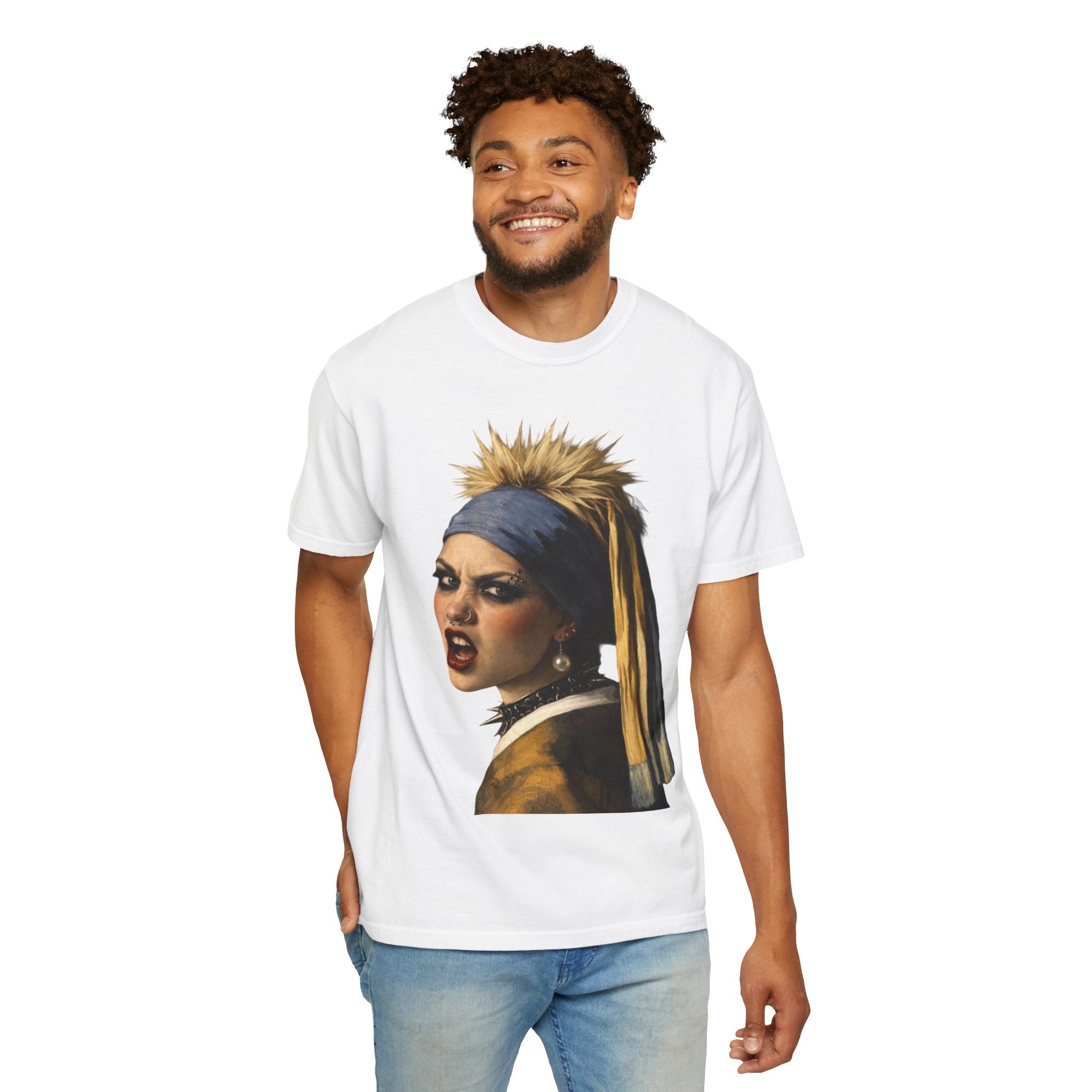 Person wearing a white t-shirt with a reimagined image of Vermeer's girl with a pearl earring sitting on a stool against a white background