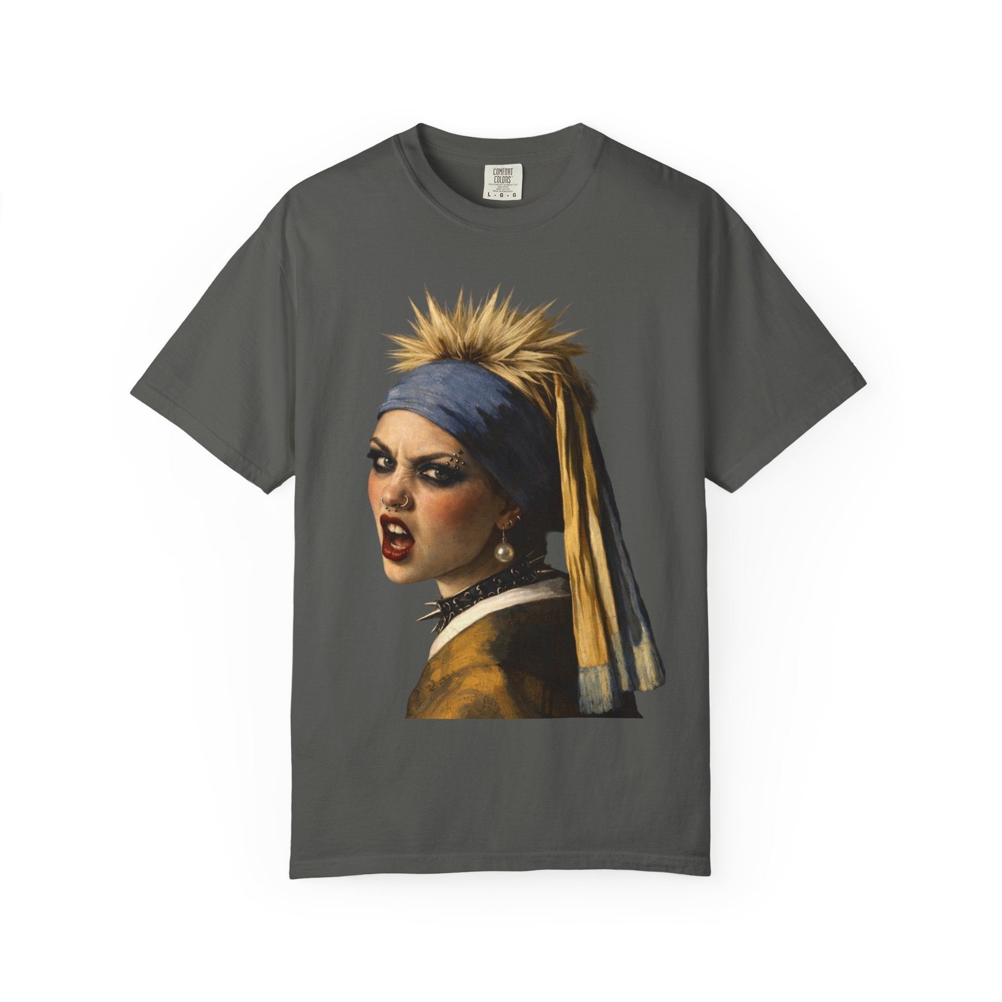 Gray t-shirt with a graphic of a woman's face wearing a pearl earring on a white background
