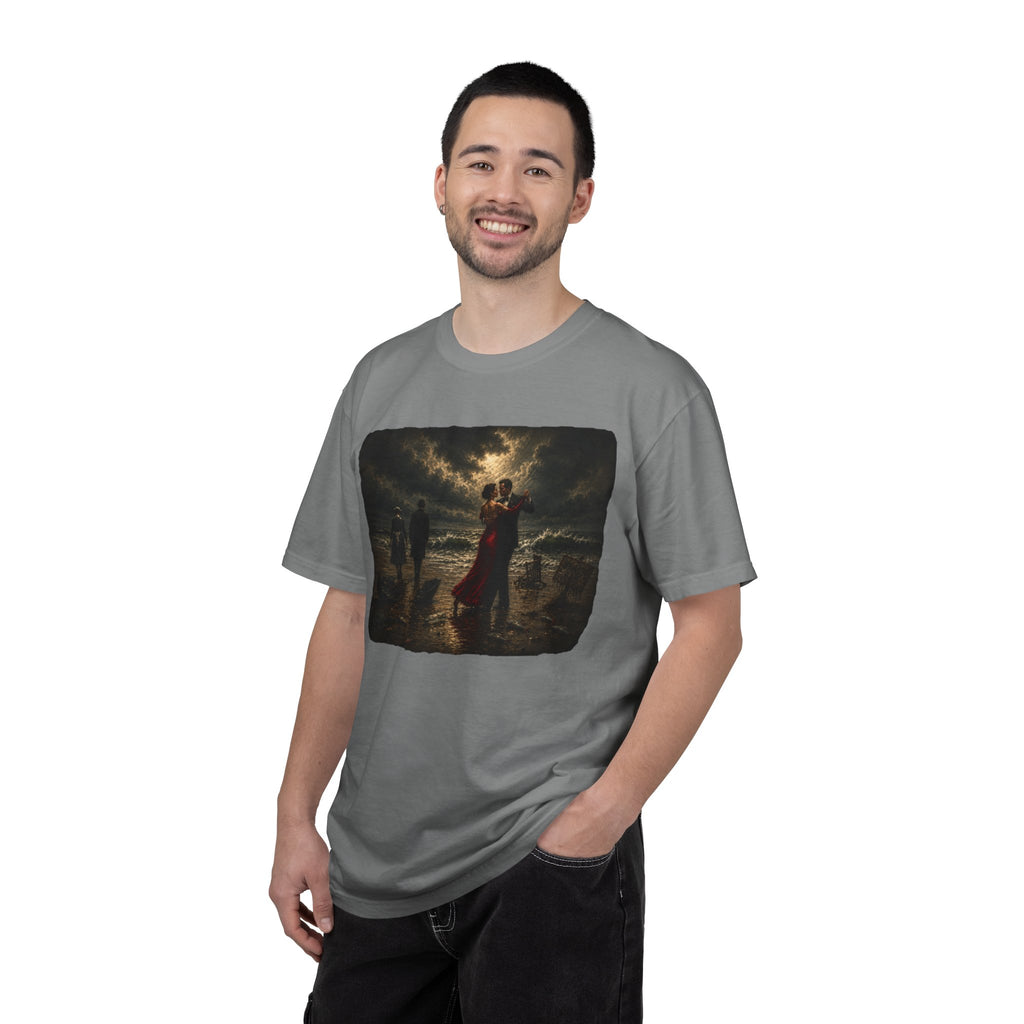 Man wearing a grey t-shirt with a graphic of a Vettriano inspired Singing Butler print on a white background