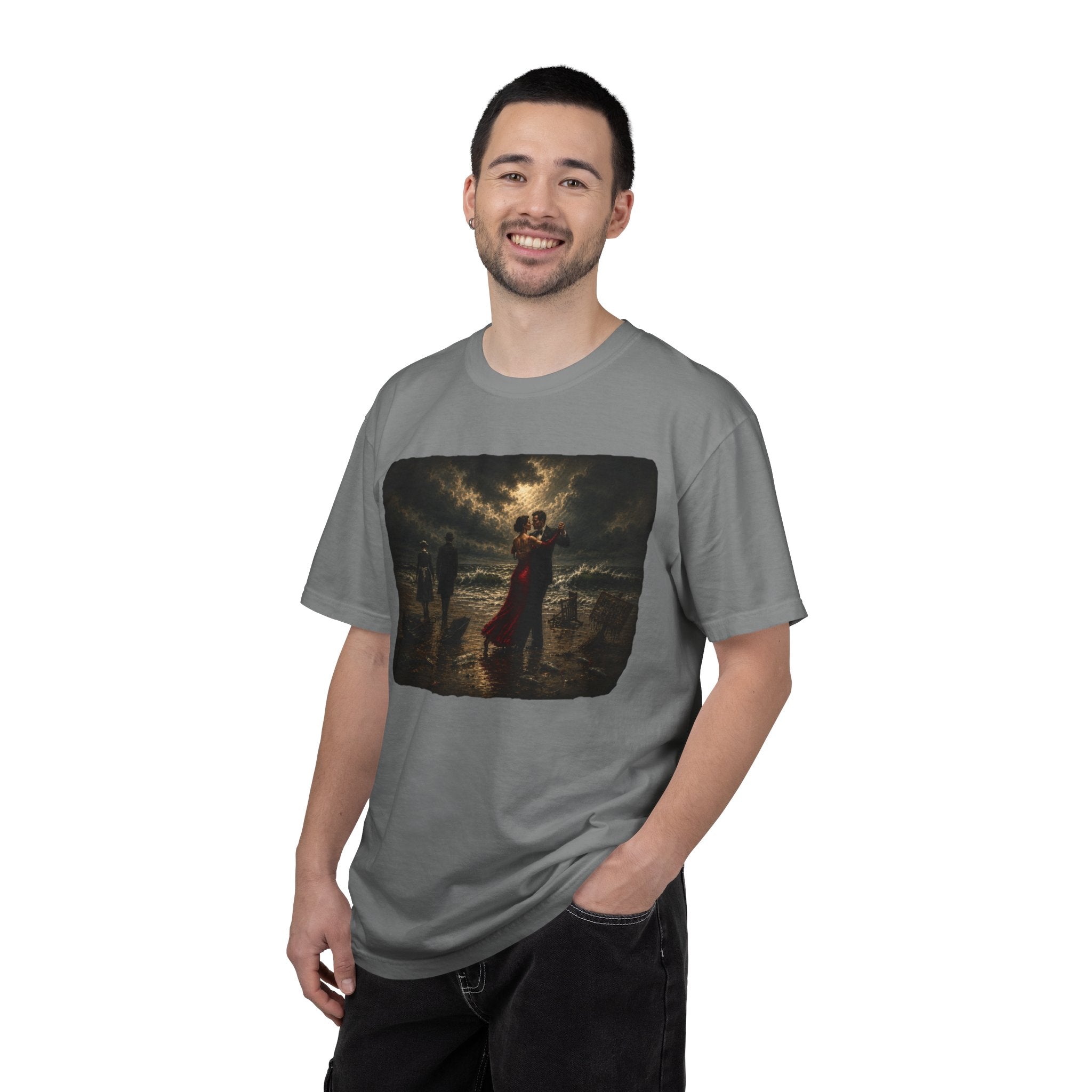 Man wearing a grey t-shirt with a graphic of a Vettriano inspired Singing Butler print on a white background