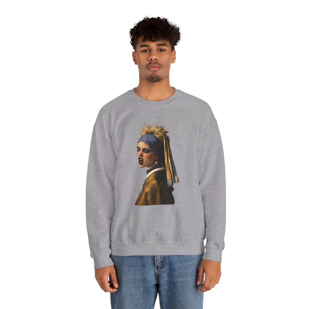 Person wearing a gray sweatshirt with a graphic design on a grey background