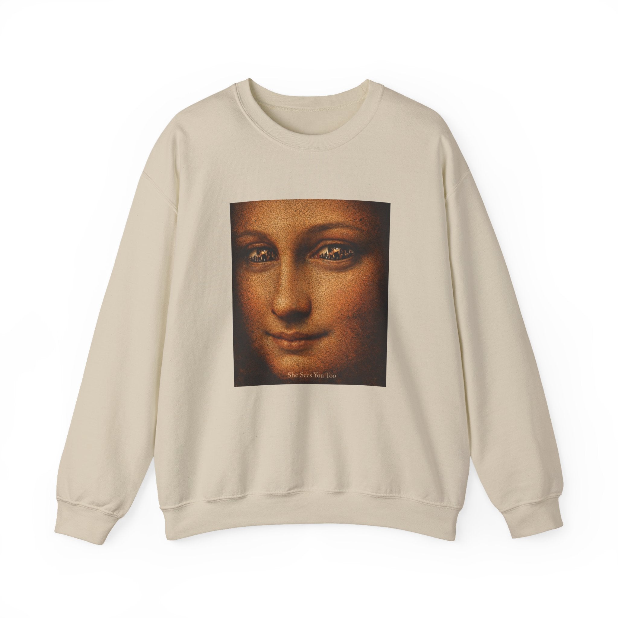 Sand sweatshirt showing a reimagined image of Da Vinci's Mona Lisa on a white background
