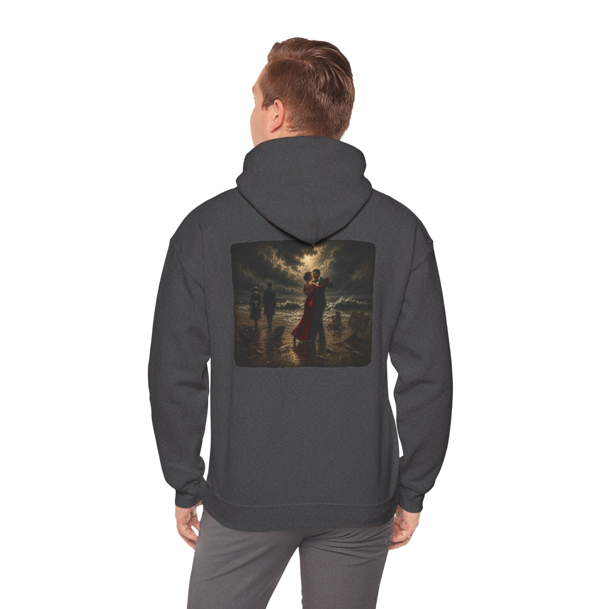 Man wearing Dark Heather hoodie with a graphic of a Vettriano inspired Singing Butler print on the back on a white background