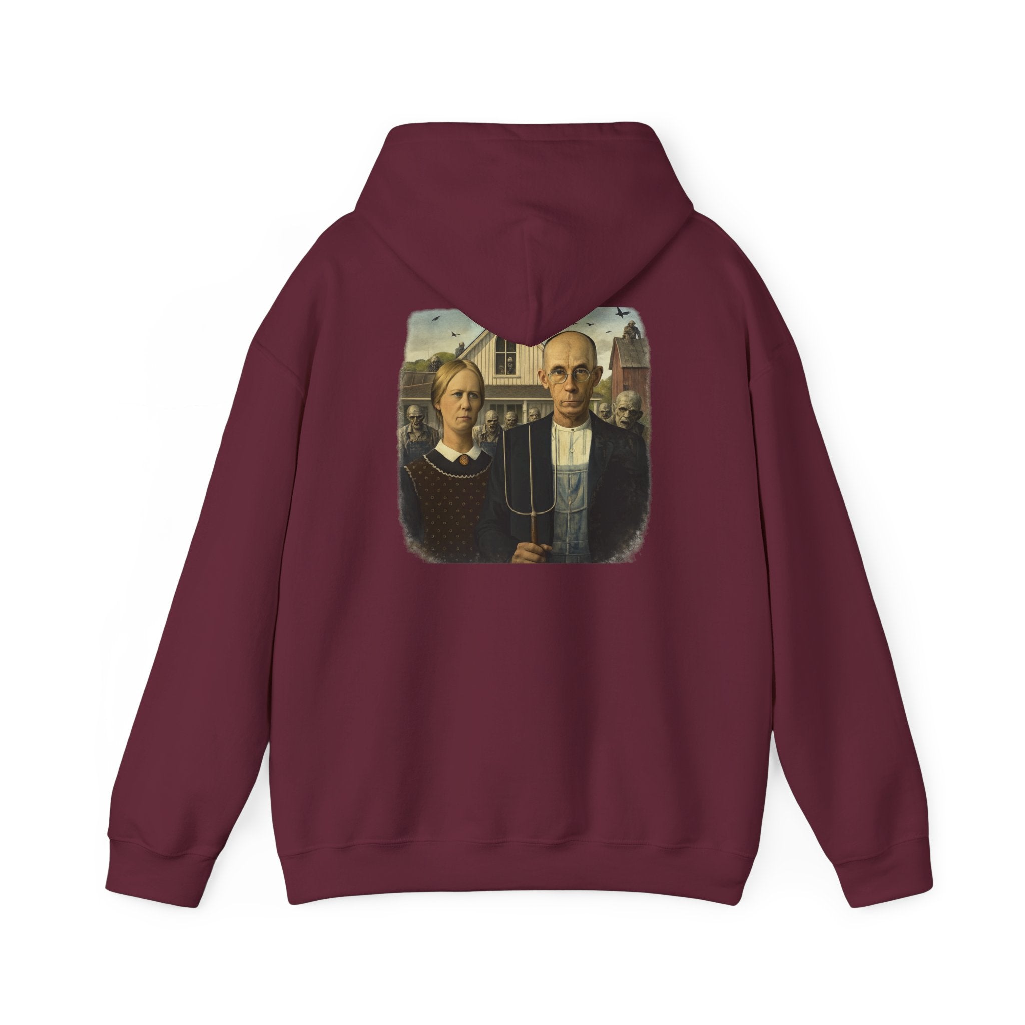 Maroon hoodie with a graphic of a  reimagined American Gothic by Grant Wood on the back, displayed on a white background.