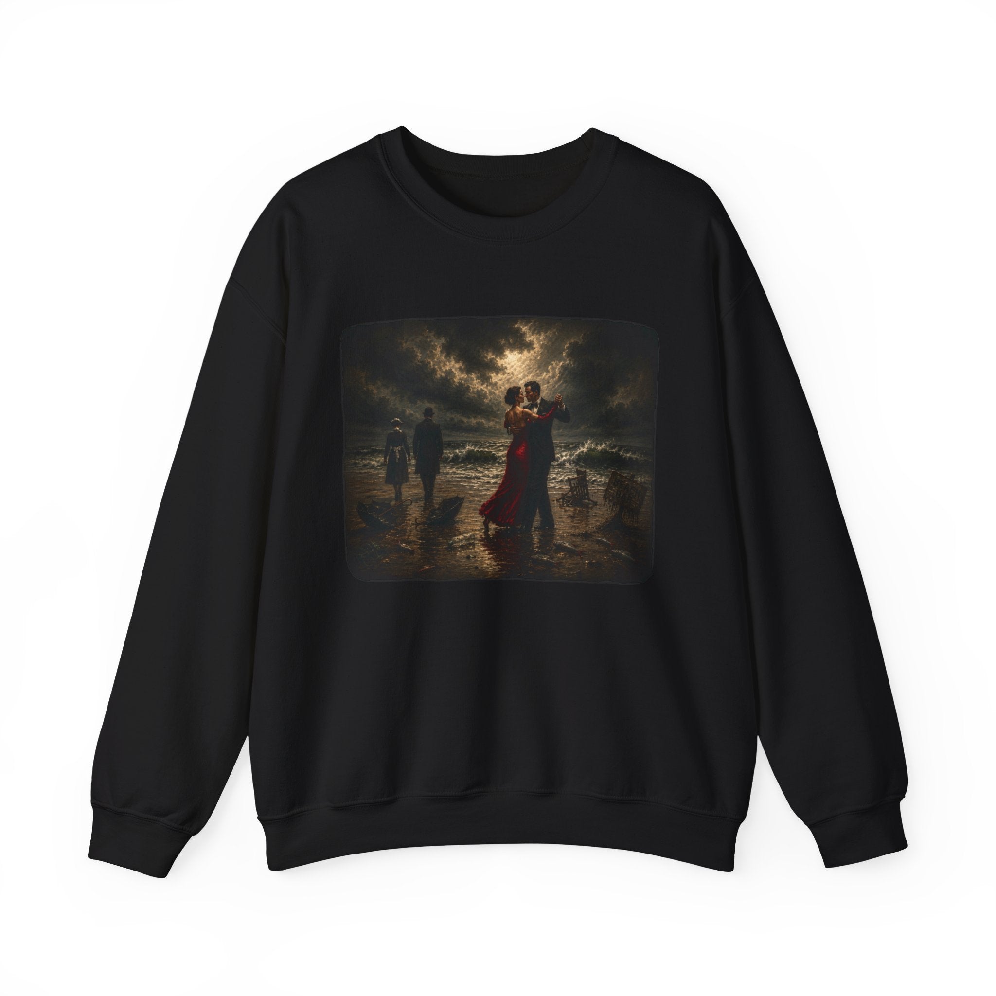 Black sweatshirt with a printed design of a Vettriano inspired singing butler image