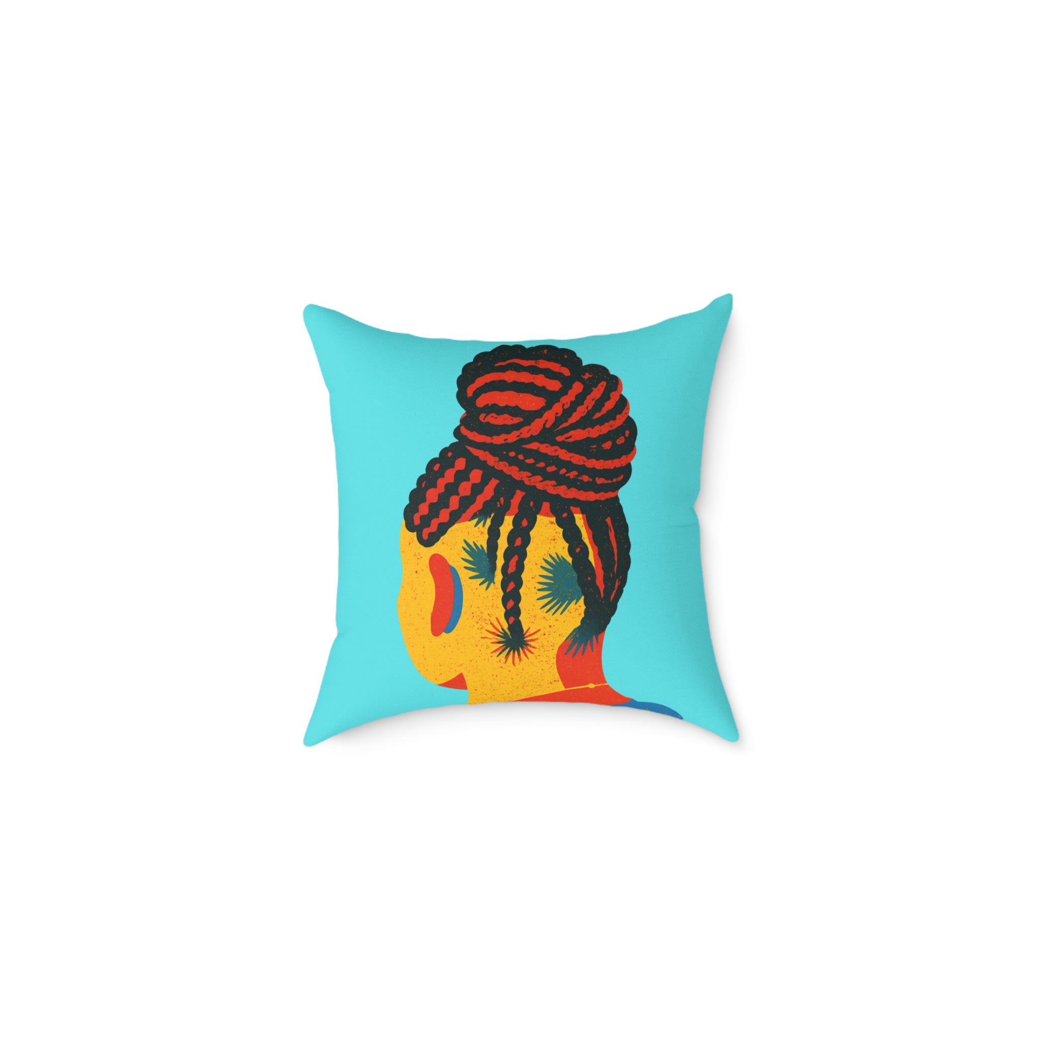 Decorative pillow with a colorful design of a face and braided hair on a blue background