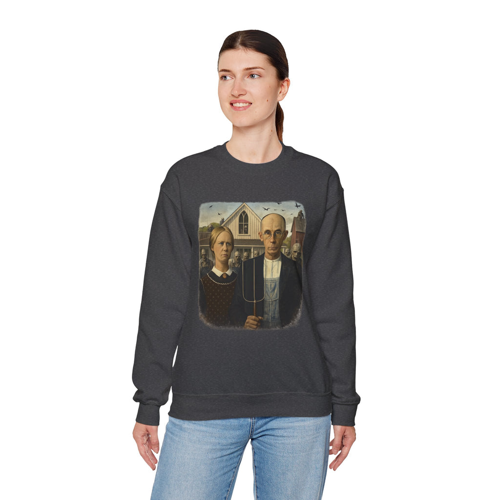 woman wearing Dark gray sweatshirt with a reimagined image of American Gothic by Grant Wood on a white background