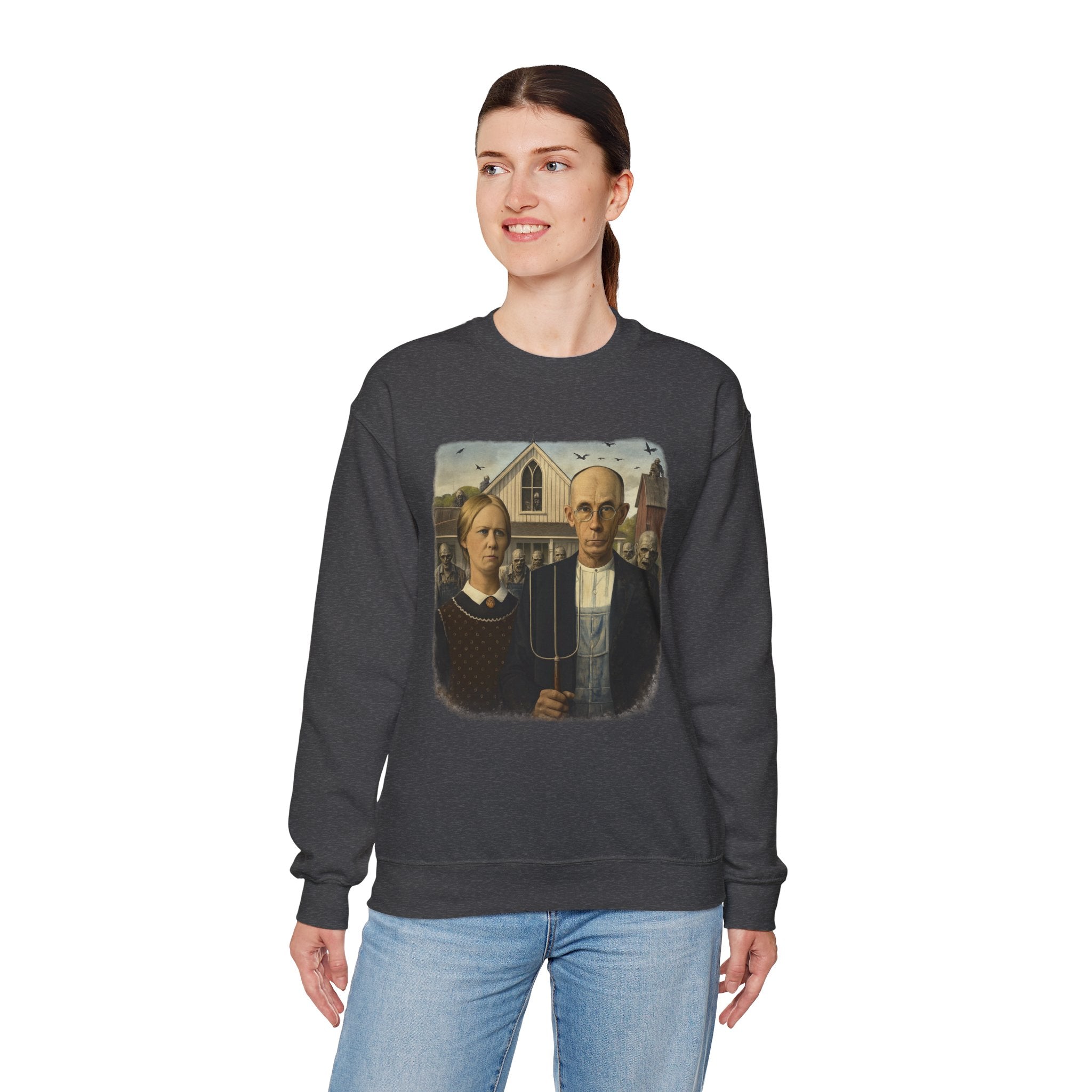 woman wearing Dark gray sweatshirt with a reimagined image of American Gothic by Grant Wood on a white background