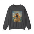 Dark Heather sweatshirt with a graphic design of Botticelli's Venus with 'Born to Rock' text on a white background