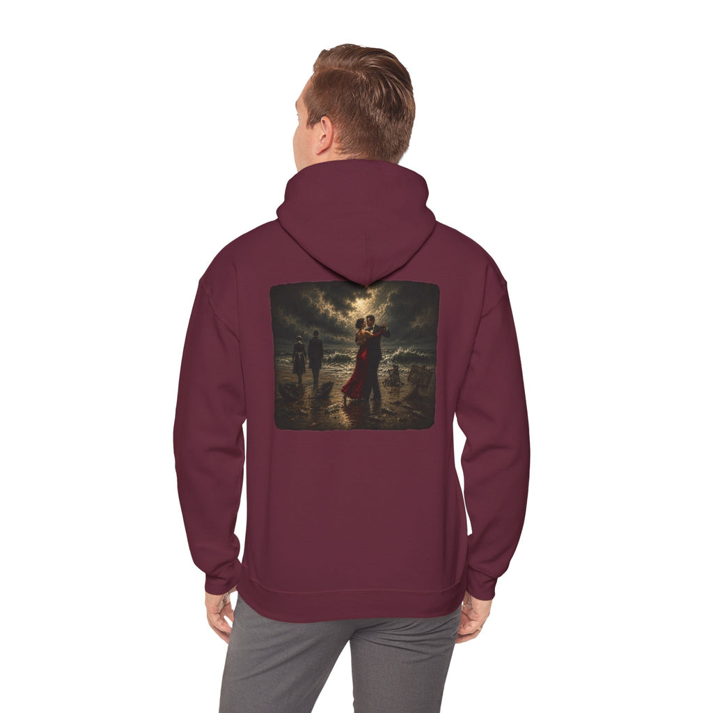 Man wearing maroon hoodie with a graphic of a Vettriano inspired Singing Butler print on the back on a white background