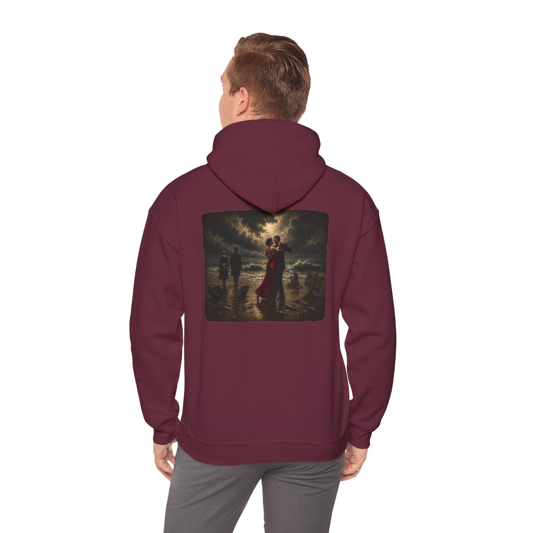Man wearing maroon hoodie with a graphic of a Vettriano inspired Singing Butler print on the back on a white background