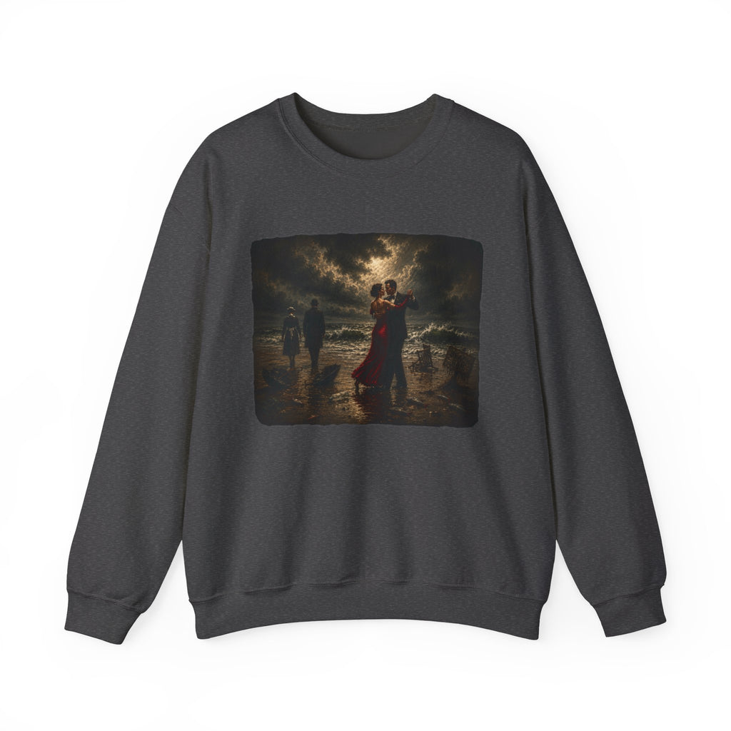 Dark Heather sweatshirt with a printed design of a Vettriano inspired singing butler image