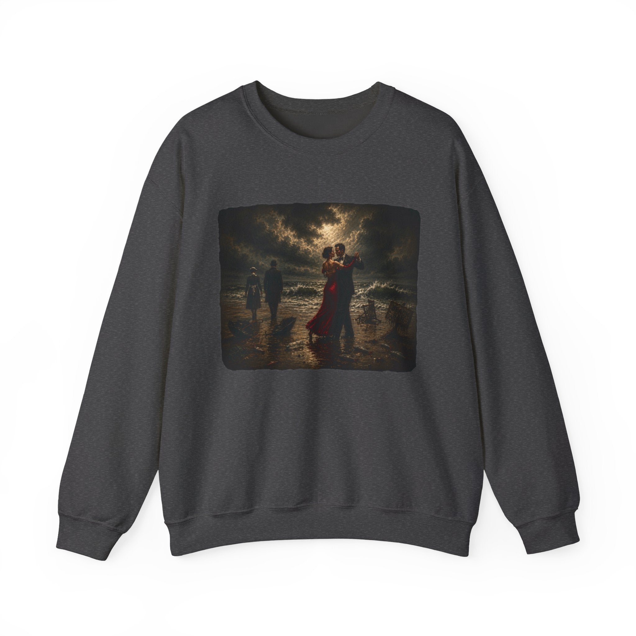 Dark Heather sweatshirt with a printed design of a Vettriano inspired singing butler image