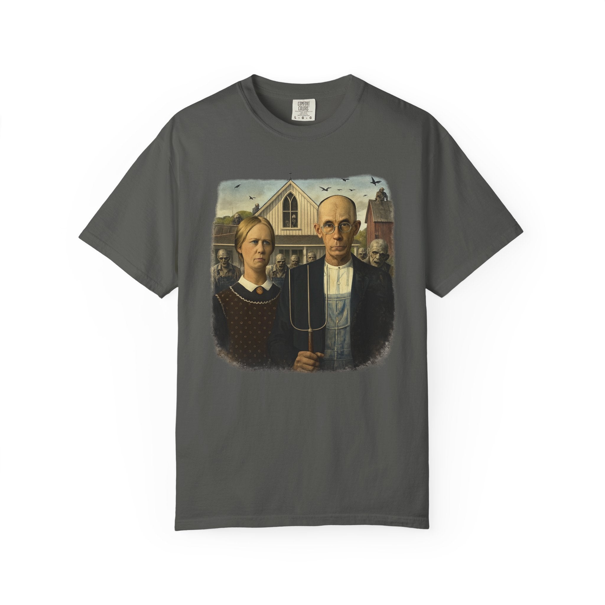 Gray t-shirt with reimagined image of zombies in American Gothic by Grant Wood on a white background