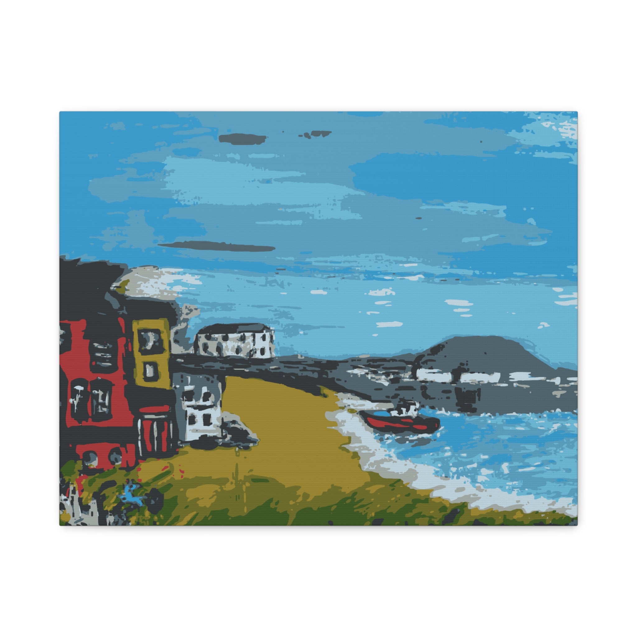 Artistic depiction of a coastal scene with houses, a boat, and a blue sky.