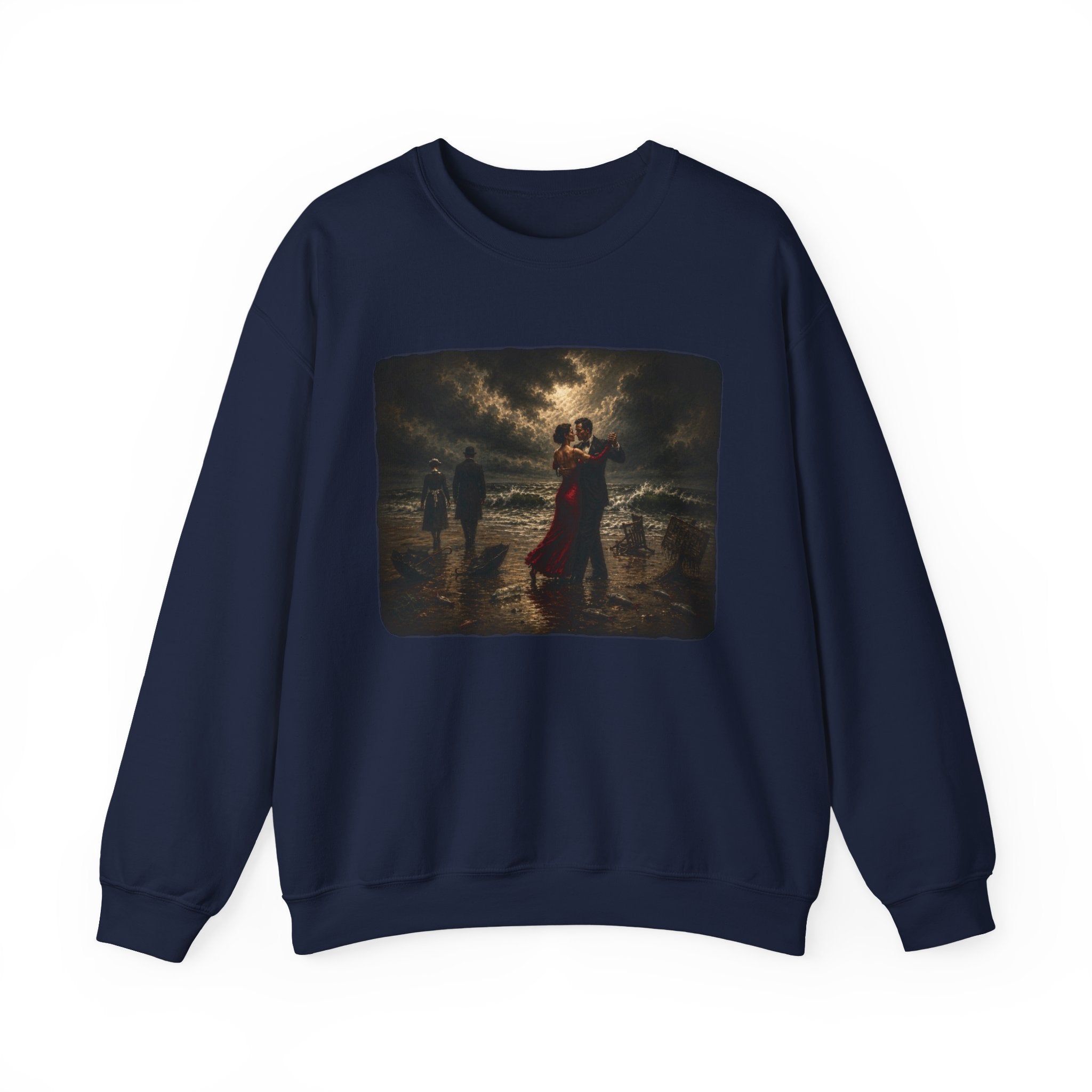 Navy sweatshirt with a printed design of a Vettriano inspired singing butler image