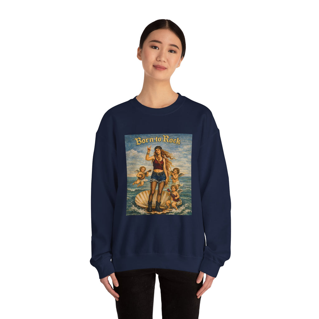 woman wearing a navy blue sweatshirt with a graphic design of Botticelli's Venus with 'Born to Rock' text on a white background