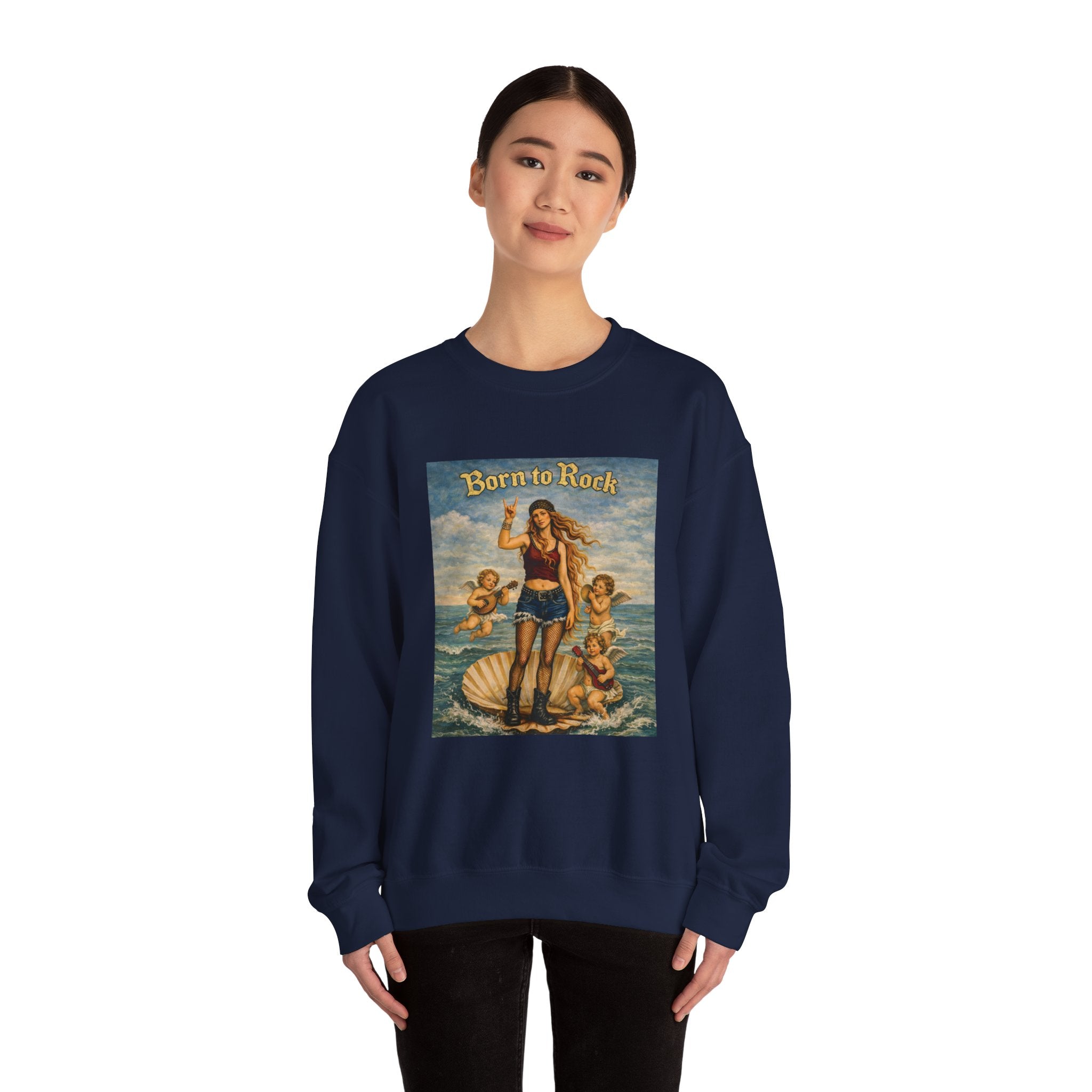 woman wearing a navy blue sweatshirt with a graphic design of Botticelli's Venus with 'Born to Rock' text on a white background