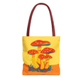 Tote bag with mushroom design on a yellow background