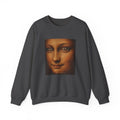 Heather sweatshirt showing a reimagined image of Da Vinci's Mona Lisa on a white background