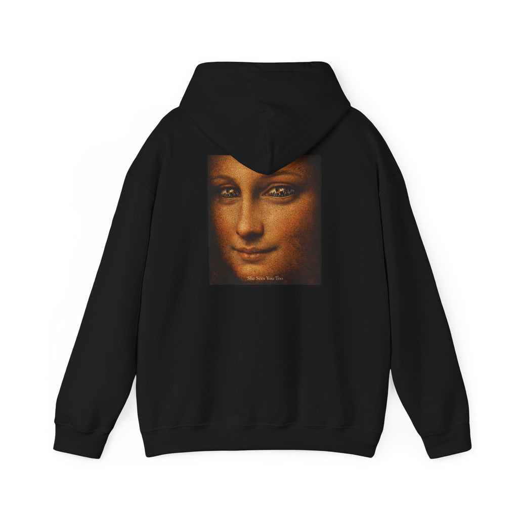 Back view of black hoodie showing a reimagined graphic of Da Vinci's Mona Lisa on a white background 