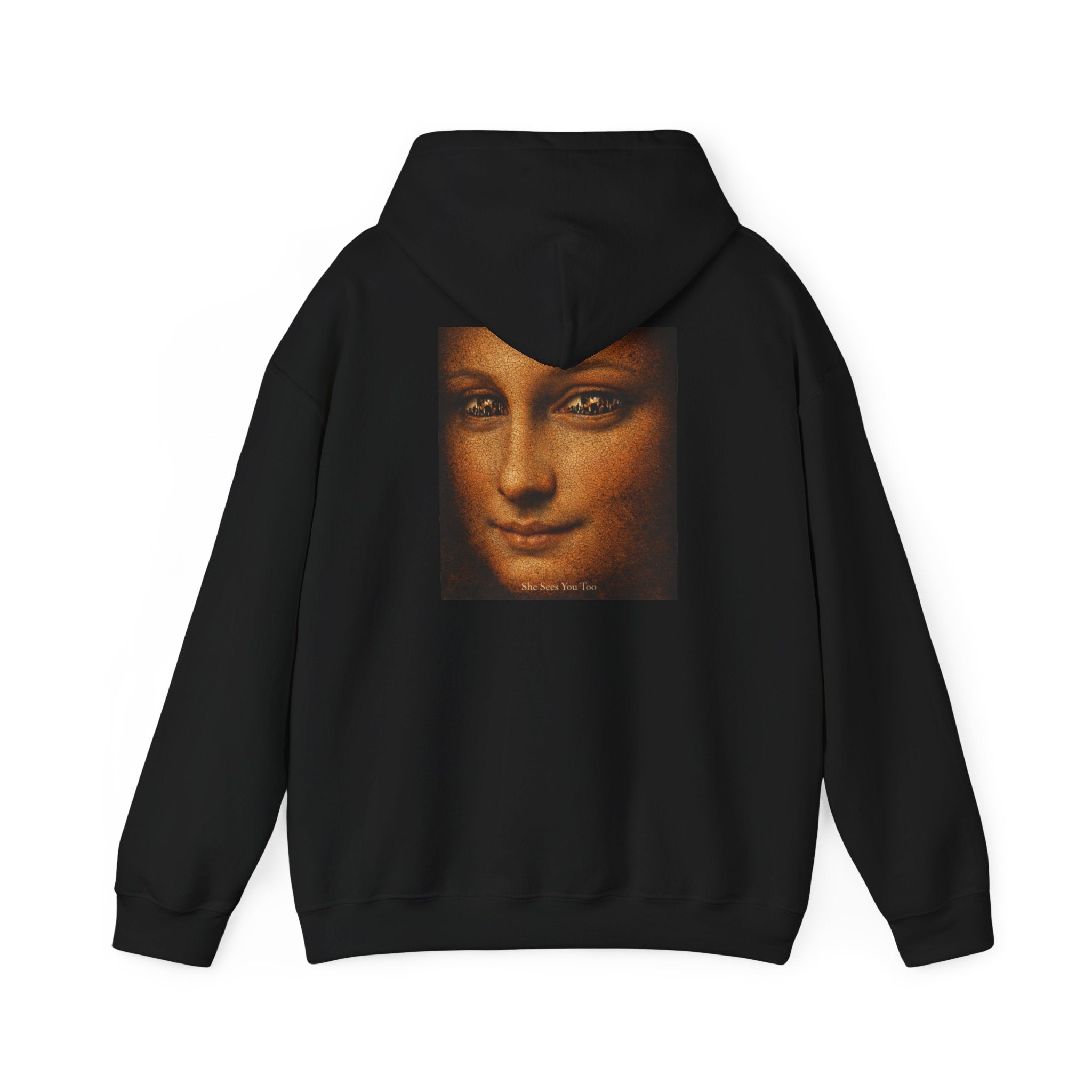Back view of black hoodie showing a reimagined graphic of Da Vinci's Mona Lisa on a white background 