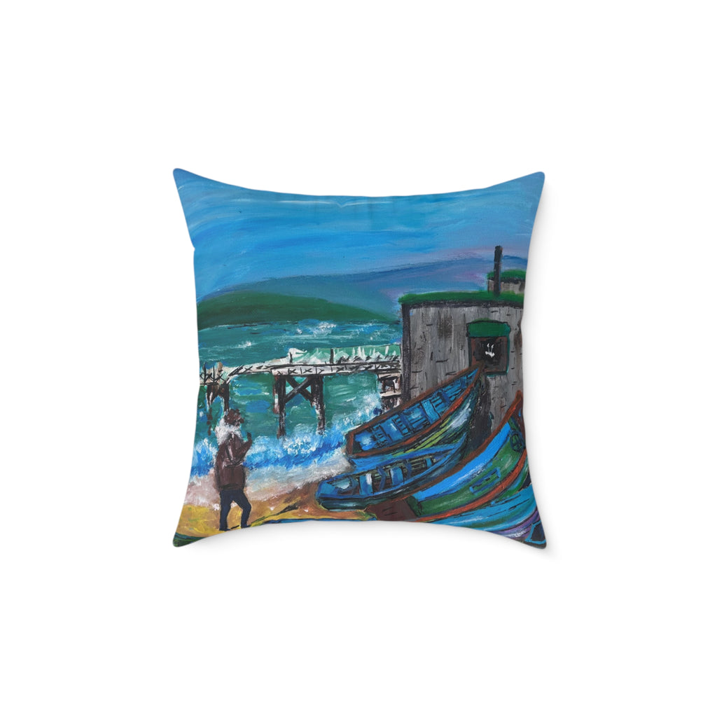 Decorative pillow with a painting of a dock scene on a white background