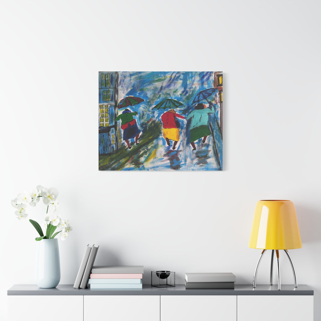Painting of people with umbrellas on a wall above a shelf with decor items.