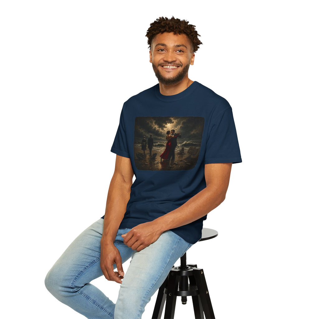man wearing a navy t-shirt with a graphic of a Vettriano inspired Singing Butler print on a white background