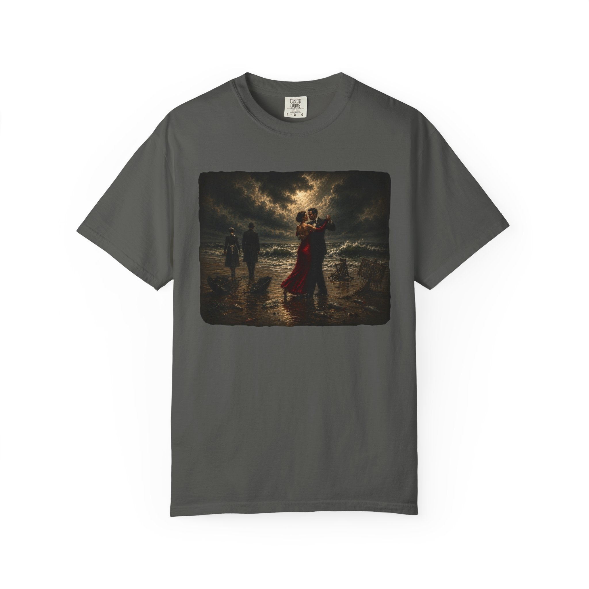 Pepper t-shirt with a graphic of a Vettriano inspired Singing Butler print on a white background