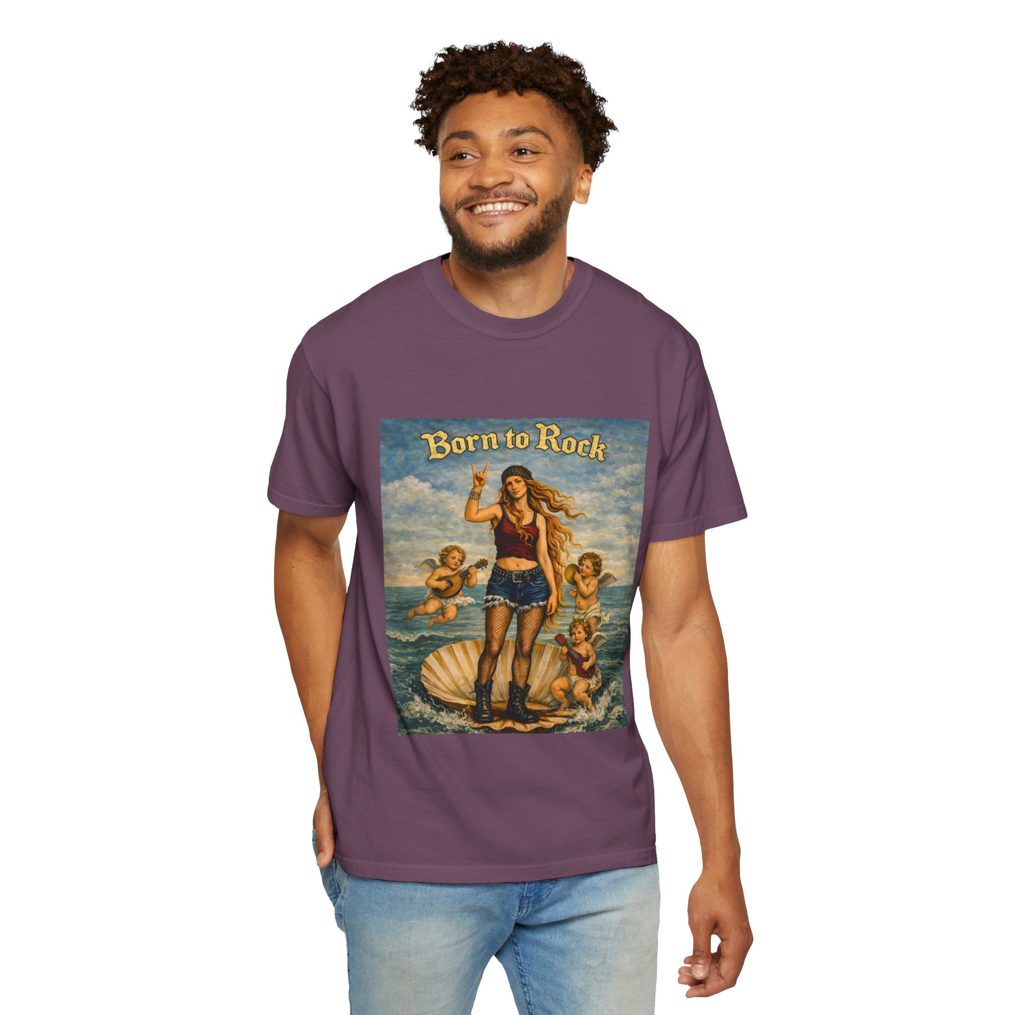 Man wearing a Berry t-shirt showing a reimagined image of Botticelli's Venus with 'Born to Rock' graphic design on a white background