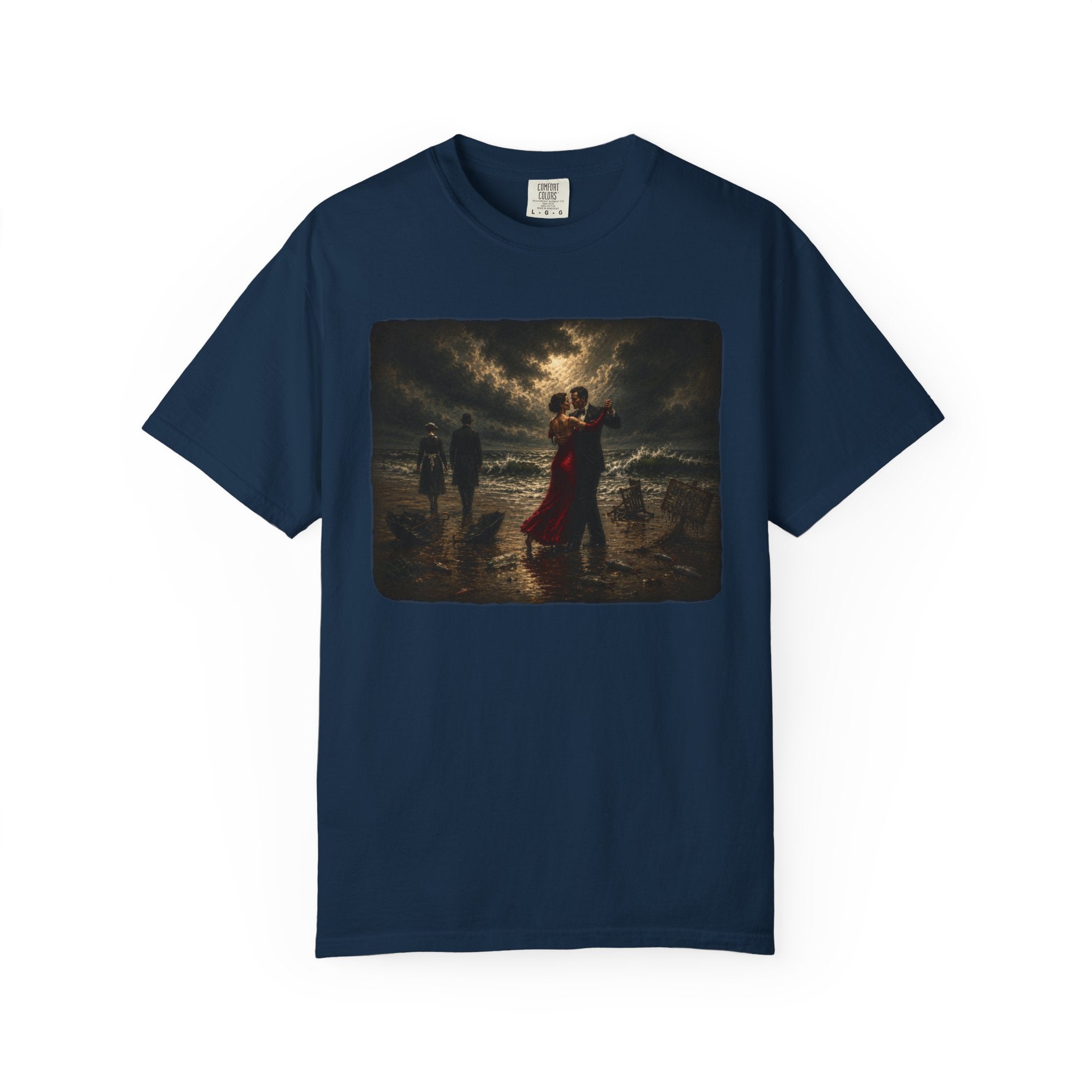 Navy t-shirt with a graphic of a Vettriano inspired Singing Butler print on a white background